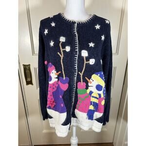 Quacker Factory Snowman Christmas Winter Sweater Cardigan Womens Size Large